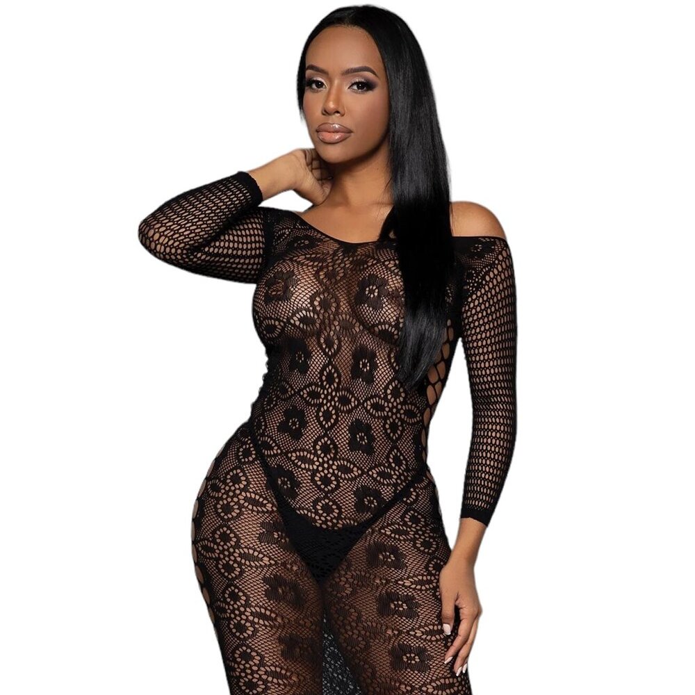 Black Lace Net Off the Shoulder Maxi Dress